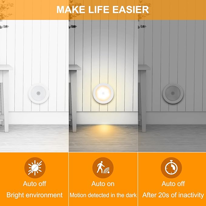 Mlambert 4 Pack Motion Sensor LED Night Light, Cordless Battery-Powered Stick-on Magnet Closet Lights, Safe Lighting for Stairs, Cabinet, Warm White
