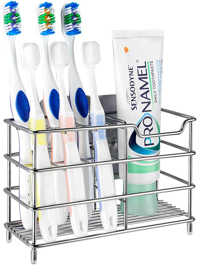 Linkidea Toothbrush Holder for Shower, Bathroom, Stainless Steel Tooth Brush Storage Stand Rack, Wallmount/Countertop 7 Slot Organizer Compatible with Colgate Extra Clean, Oral-B CrossAction