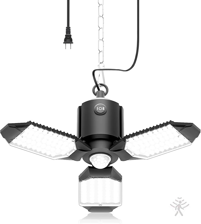 toberich Motion Sensor Garage Light Plug in, 8000LM Shop Light w/ 3 Modes, 3 Deformable LED Panels, 6500K Indoor Motion Sensor Light Bulb for Garage, Utility Room, Basement (1 Pack)