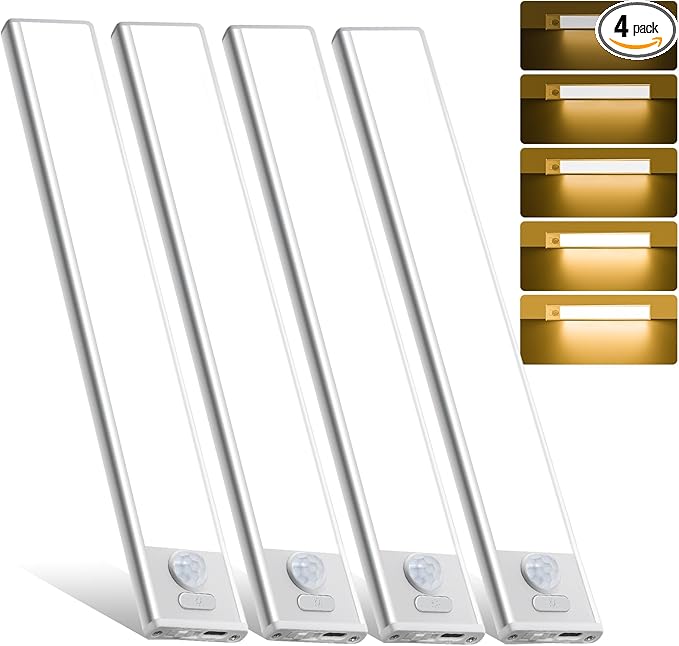 10inch Under Cabinet Lighting, 4 Pack Rechargeable Motion Sensor Light Indoor, Wireless Dimmable Magnetic Closet Lights, 40 LED Under Counter Lights for Kitchen, Wardrobe, Stairs, Warm Light