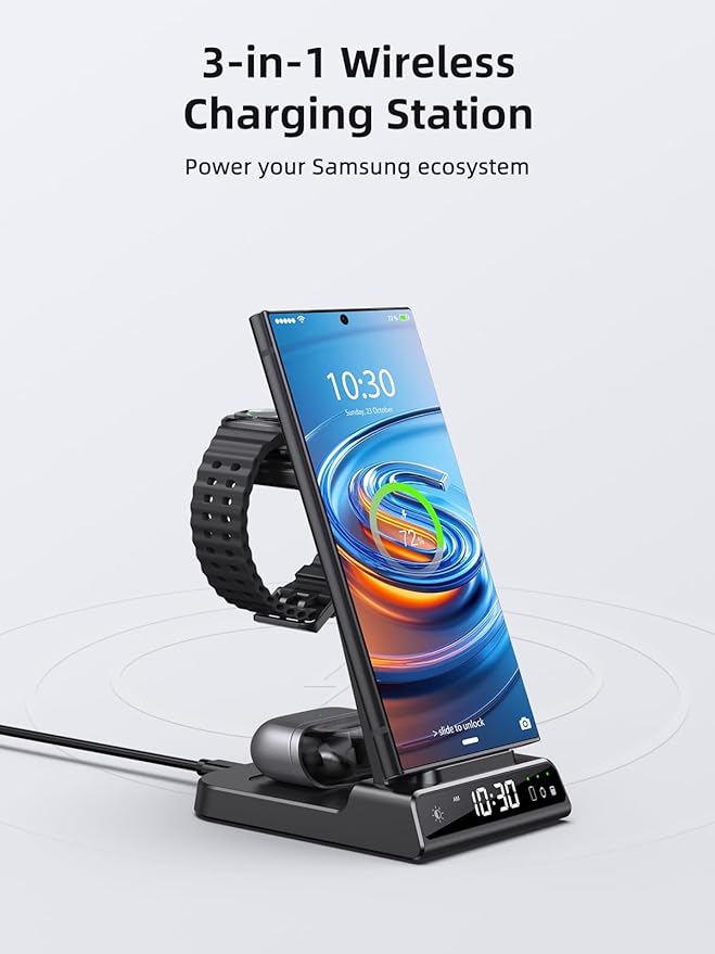 Wireless Charger for Samsung Charging Station: 3 in 1 Android Charging Stand with Dimmable Clock - Nightstand Organizer for Galaxy S25 Ultra, Galaxy Watch 8 7 6 5 4, Galaxy Buds (Not for iWatch)