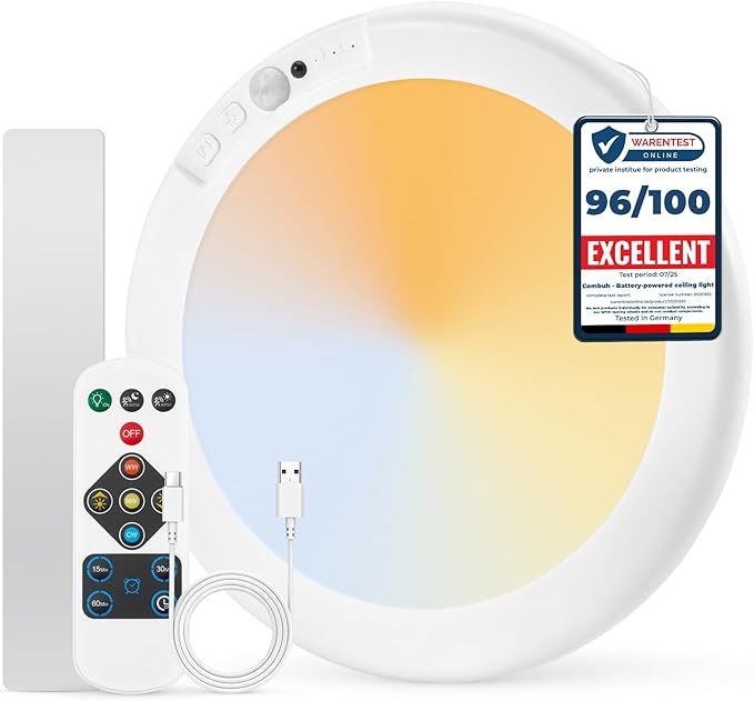 Combuh Battery Operated Shower Light Waterproof Inside, Rechargeable Motion Sensor Ceiling Lights Battery Powered with Remote, No Wiring Magnetic Cordless LED Overhead Lighting for Closet Hallway