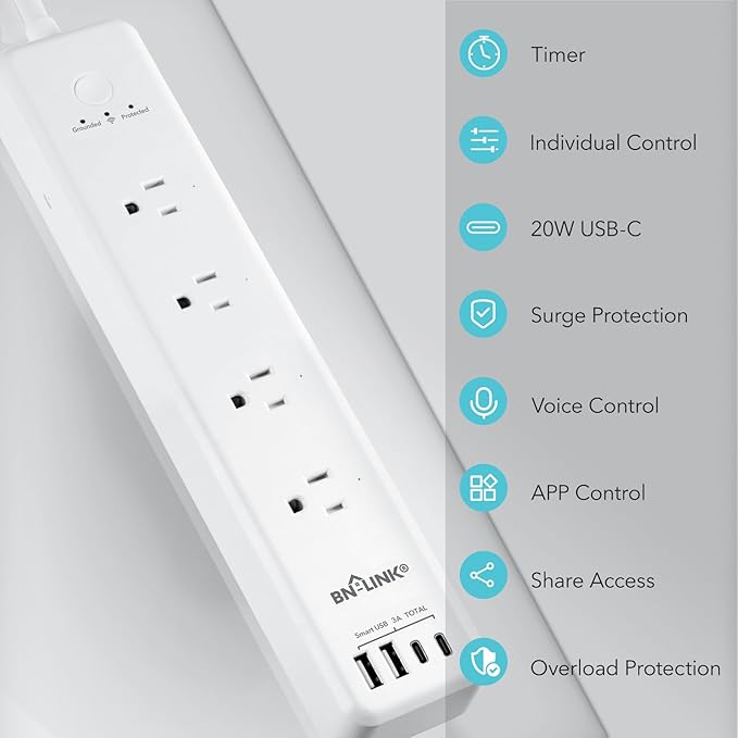 BN LINK Smart Plug Power Strip，Surge Protector with 4 Individually Controlled Smart Outlets, 4 USBs (incl. 20W USB-C), Compatible with Alexa and Google Home