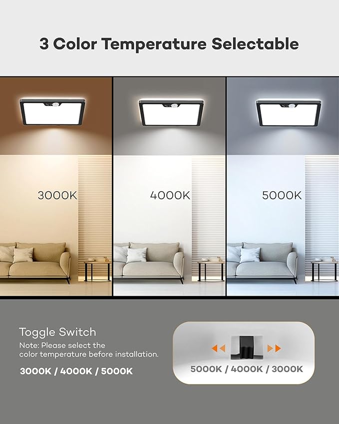 Annaror 12in Motion Sensor Ceiling Light Wired, 3000K 4000K 5000K Selectable, 24W Flush Mount Square Motion Ceiling Light with 3 Timer for Closet Porch Stairs Hallway, Black