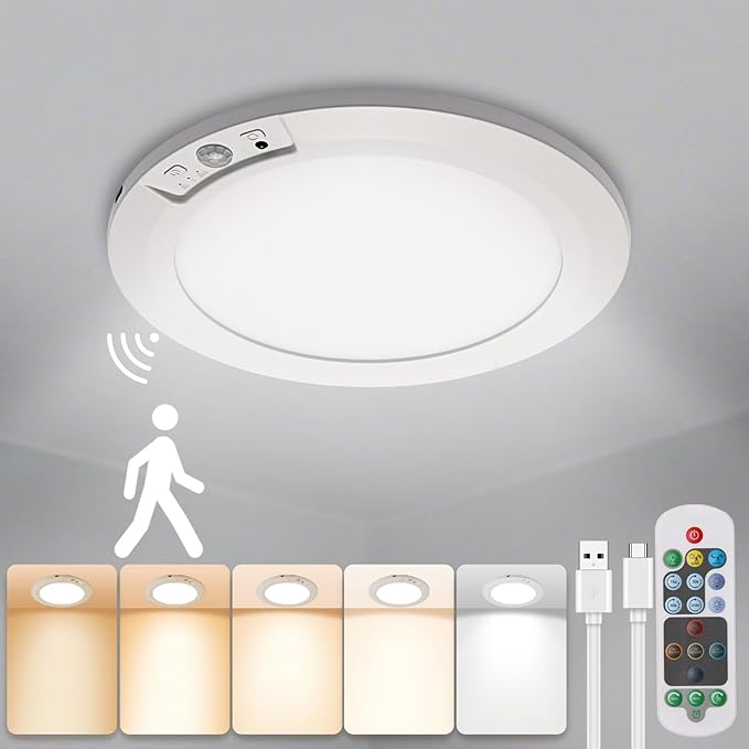 Rechargeable Motion Sensor Ceiling Light with Remote,Magnetic Wireless Ceiling Lights,8000mAh 7.5inch Battery Powered Light for Closet Shower Shed Loft Bathroom Garage cet