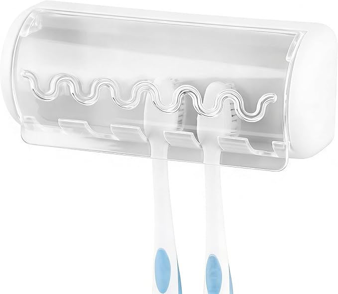 1 PCS Self Adhesive Toothbrush Holder with Cover for Bathroom, 5-Slot Wall Mounted Toothbrush Organizer Rack for Shower, Dorm, Cabinet (White)