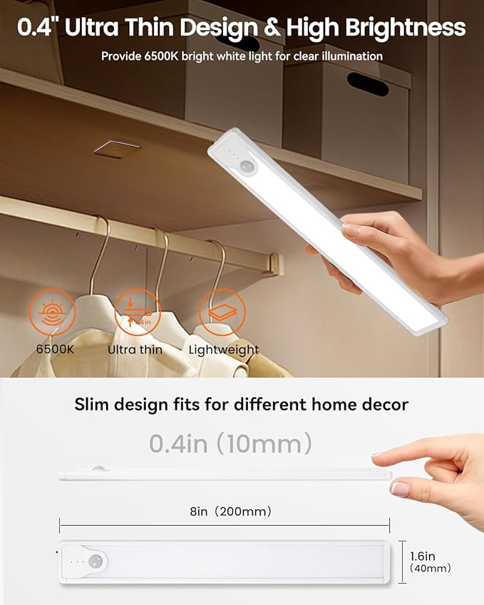 8 Inch Under Cabinet Lights, 41 LED Rechargeable Magnetic Motion Sensor Light Indoor, Brightness Dimmable 6000K Stepless Dimming Closet Light, for Under Counter, Kitchen, Stairs, Closet, 5 Packs