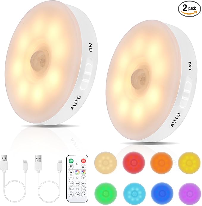RGB LED Rechargeable Motion Sensor Light Indoor with Remote, Long-Lasting Battery, Bright & Dimmable, Stick-On Puck Night Light for Closet, Cabinet, Kitchen, Stairs, Shelves - Warm & RGB 2Pack