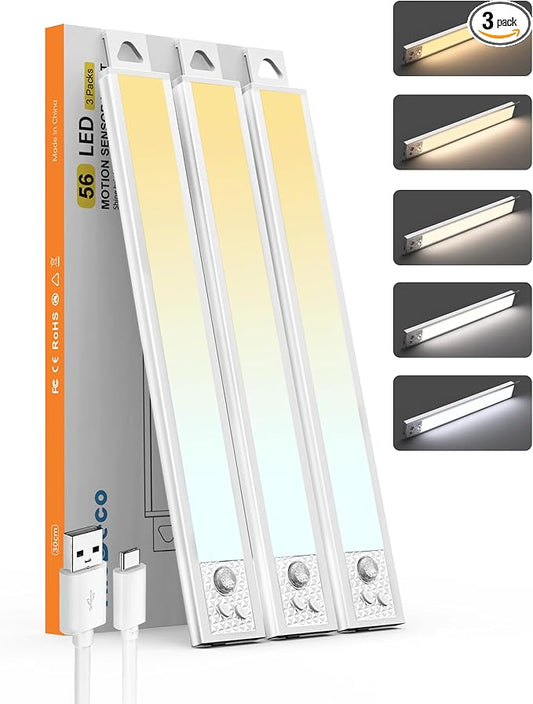 12 Inch Under Cabinet Lighting, 3Pack 5CCT Dimmable Closet Lights, Motion Sensor LED Lights of Battery Operated, Rechargeable Under Counter Light for Kitchen, Stairs, Bedroom, Wardrobe