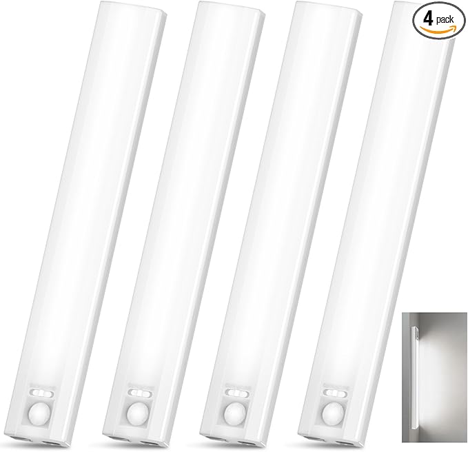 10inch Under Cabinet Lighting, 68 LED Rechargeable Motion Sensor Light Indoor, 6 Levels Dimmable Magnetic Closet Lights, Wireless Under Counter Lights for Kitchen, Stairs, Bedroom, 4-Pack Daylight