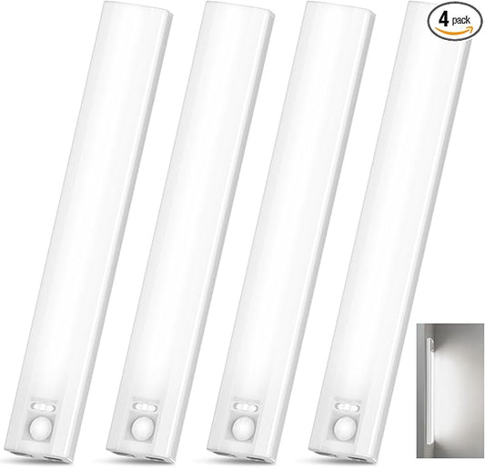 10inch Under Cabinet Lighting, 68 LED Rechargeable Motion Sensor Light Indoor, 6 Levels Dimmable Magnetic Closet Lights, Wireless Under Counter Lights for Kitchen, Stairs, Bedroom, 4-Pack Daylight