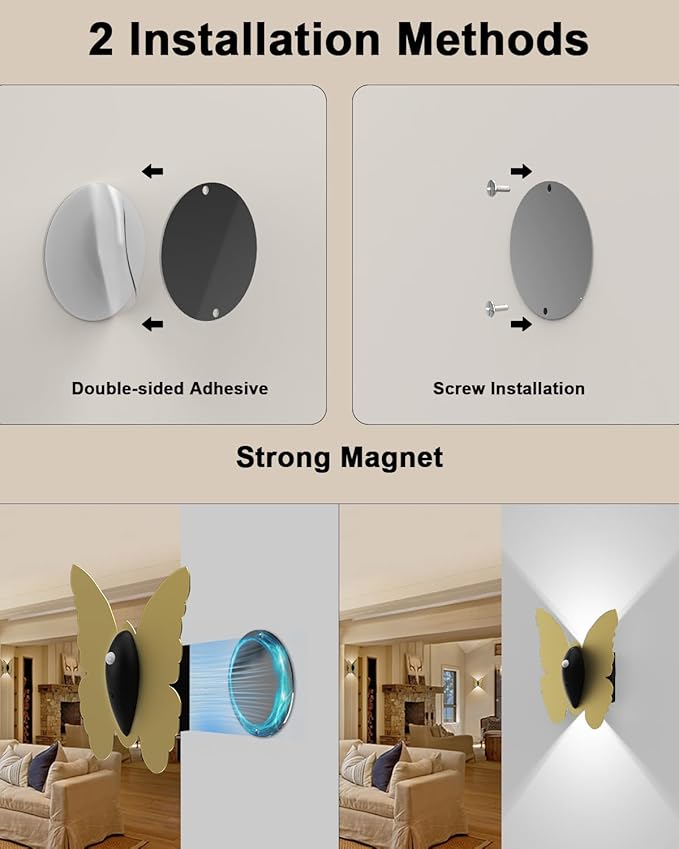 Magnetic Motion Sensor Wall Light: 5000mAh Rechargeable Battery Powered Wall Sconce Set of 2 with Remote, 3 Colors Wireless Wall Lamp LED Up and Down Wall Sconce for Hallway Stairway Bedroom, Gold