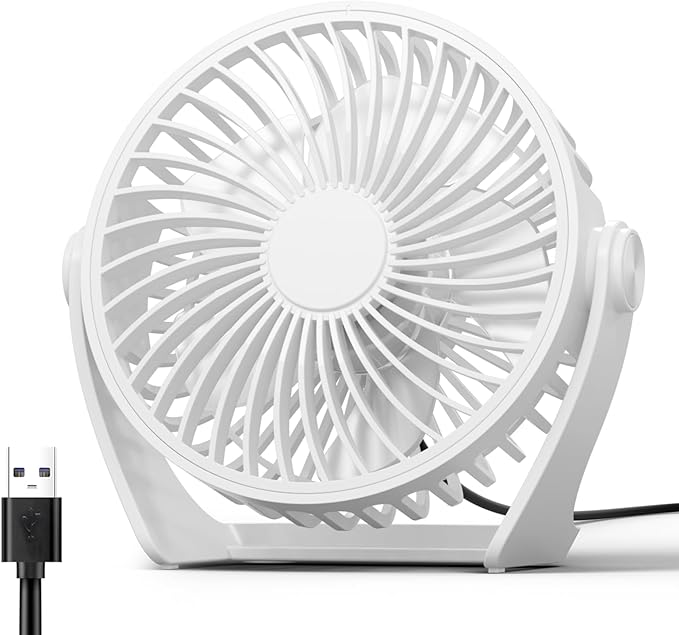 Edvision USB Desk Fan, 5 Inch Small Portable, 3 Speeds Powerful Wind Mini Personal Desktop Fan 360° Rotation Adjustable, Plug In USB Fan Quiet for Table Home Office Travel Car(White)