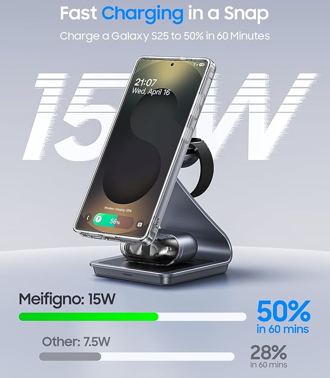 Meifigno Magnetic Wireless Charger for Samsung, 3 in 1 MagSafe Charging Station Aluminum Charger Stand for Galaxy S26/S25/Z Fold7/Z Flip7, Watch Charger Stand for Galaxy Watch Ultra 8 7, for Buds