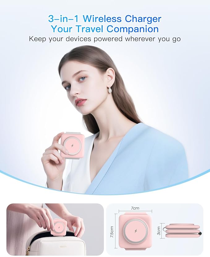 Charging Station for Apple Multiple Devices: 3 in 1 Foldable Magnetic Wireless Charger Stand - Travel Charging Dock Compatible with iPhone 17 16 15 14 13 12 Pro Max Plus Apple Watch AirPods