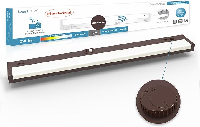 Leetdud LED Under Cabinet Lighting Motion Sensored Hardwired with Built-in Dimmer, 24 Inch 12W Dimmable 5 Color 2700/3000/3500/4000/5000K, Linkable Eyes Care for Kitchen, Counter, ETL Listed, Bronze