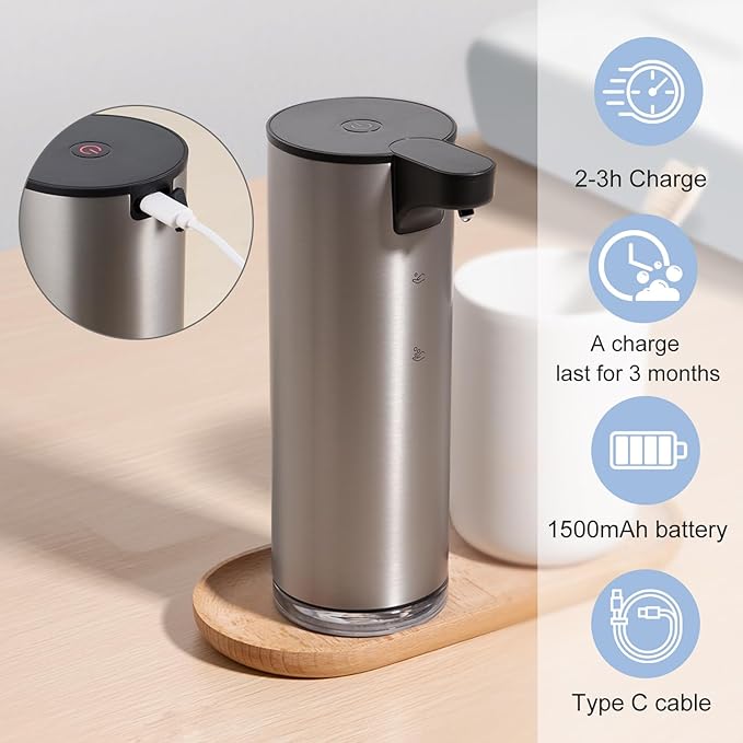 Automatic Soap Dispenser Stainless Steel Touchless Foaming Soap Dispenser for Bathroom Auto Rechargeable Hand Soap Pump (Silver-Black)