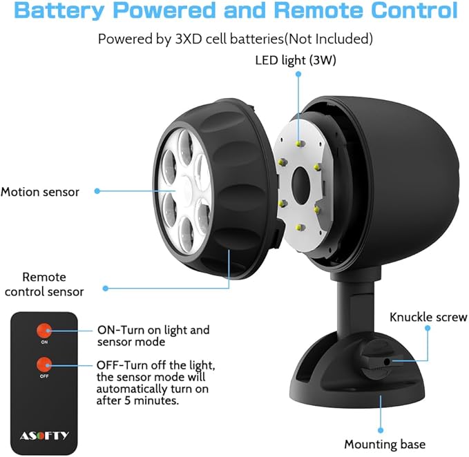 Wireless Battery Operated Motion Sensor Outdoor Light, 6 LED 1000LM LED Spotlights with Remote Control, IP65 Waterproof 6000K Motion Security Light for Garage Yard Porch and Patio