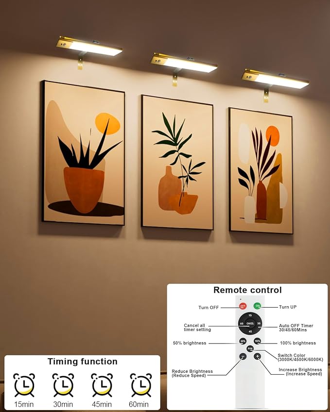 12" Picture Lights for Wall, Motion Sensor Rechargable Picture Light , Magnetic LED Art Painting Light with Timer, Remote & Dimmable Wall Lighting for Gallery, Paintings, Portraits, Bedroom (Gold)