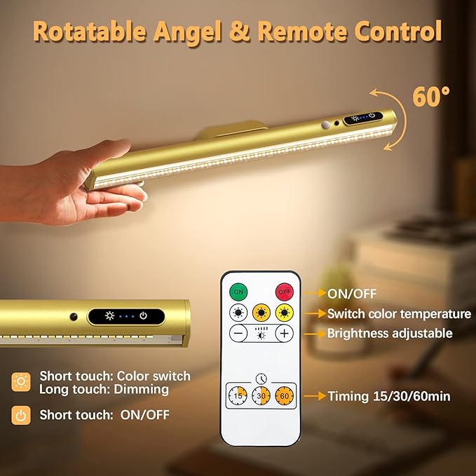 Hapfish Battery Powered Operated Wall Strip Lights, Rechargeable Magnetic LED Light Bar with Remote Control, Dimmable Desk Lamp, Under Cabinet Lighting Wireless for Picture Mirror Closet Room – Gold