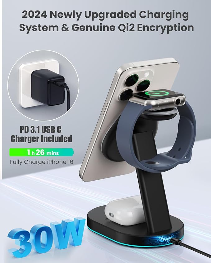 3 in 1 Wireless Charger Charging Station for iPhone,Qi2 Certified 15W Magnetic Charging Stand for Mag-Safe with 30W USB C Adapter&Friendly Night Light for iPhone 17/16/15/14/13/12,Apple Watch,AirPods
