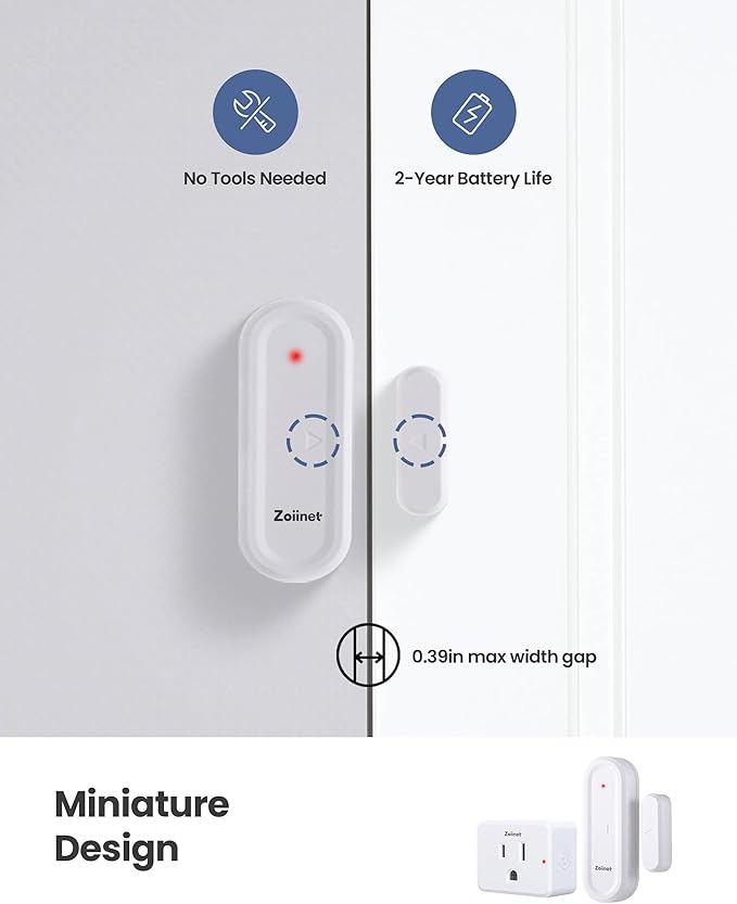 Zoiinet Door Sensor Outlet Plug Kit, Wireless Mini Contact Window Sensor, Group Control Unlimited Devices, No Wiring No WiFi, 130 ft, 15A/1500W, Programmable, for Household Appliances
