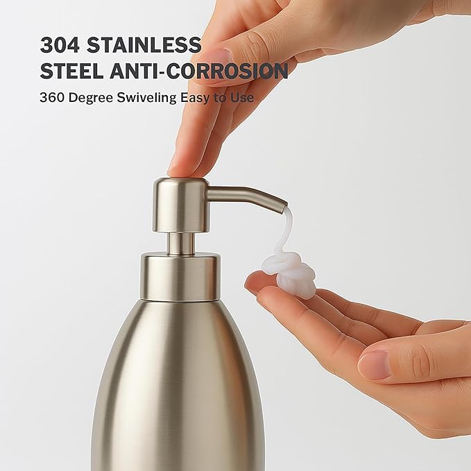 304 Stainless Steel Soap Dispenser 16oz Rust-Proof Liquid Soap Pump Bottle for Kitchen or Bathroom Countertop Hand Dish Lotion Leak-proof (Brushed Nickel)