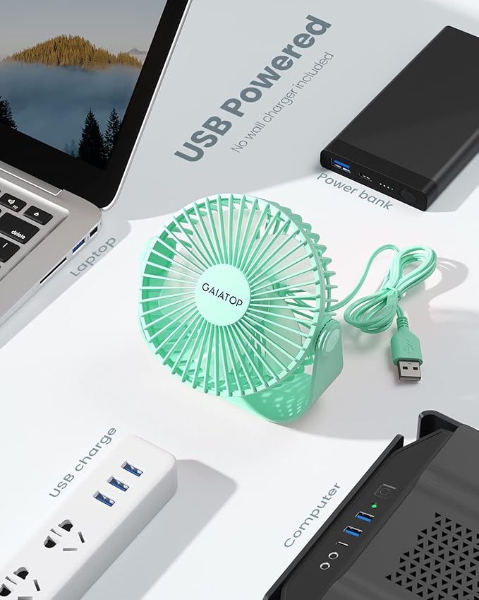 Gaiatop USB Desk Fan, 3 Speeds Strong Airflow, 5.5 Inch Portable 90° Rotate Quiet Cooling, Small Personal Table Fans for Bedroom Home Office Travel Green
