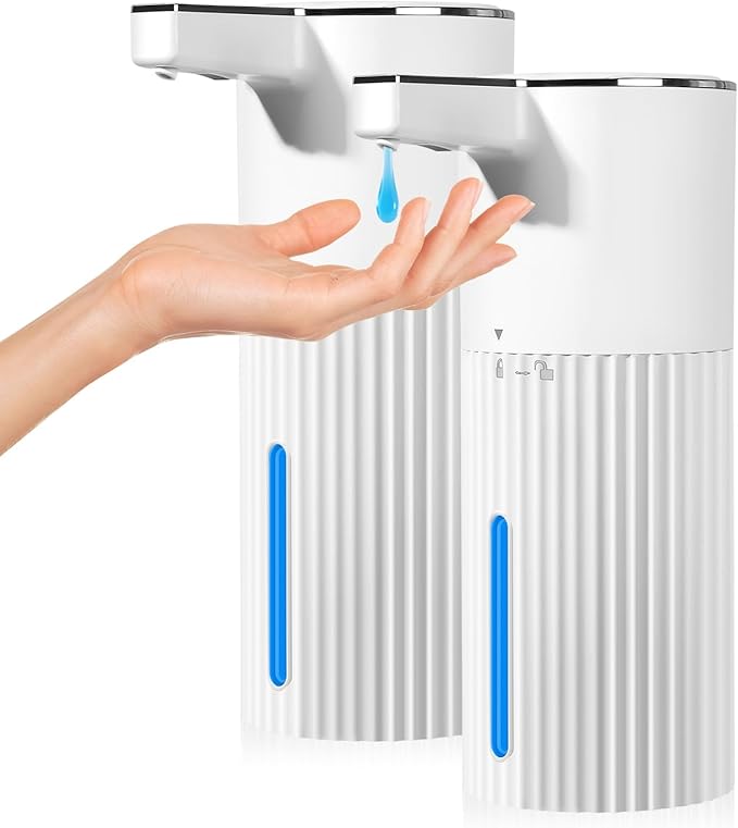2 Pack Automatic Soap Dispenser: 14oz Plastic - Touchless 4 Level Adjustable Wall Mount White Rechargeable Electric Auto Smart Liquid Soap Dispenser Set - Bathroom Kitchen Hand Dish Lotion