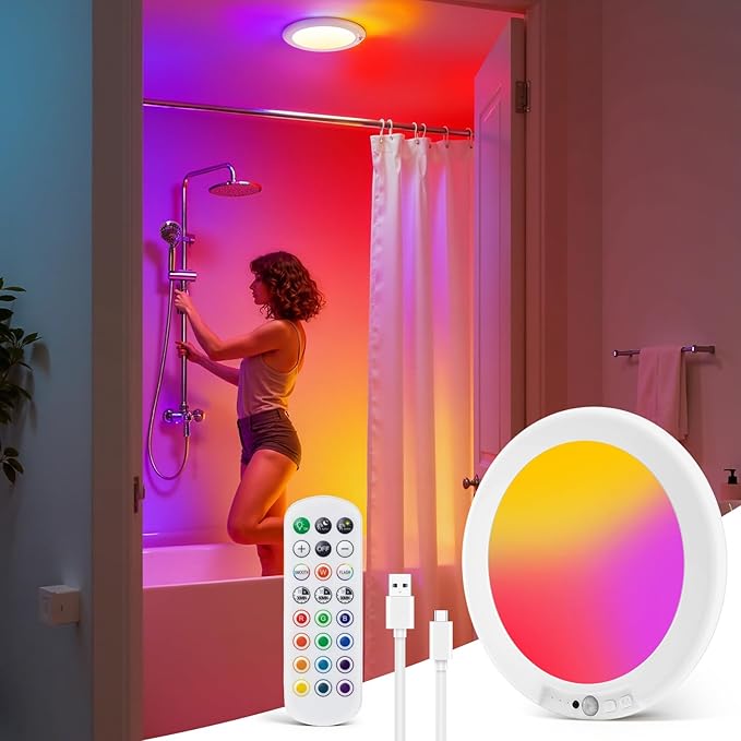 wowatt Rechargeable Shower Light with Remote, RGB Colors Changing & White Light for Shower, Shower Lights for Inside Shower with Motion Sensor, IP44 Waterproof Lights for Shower Closet Bedroom