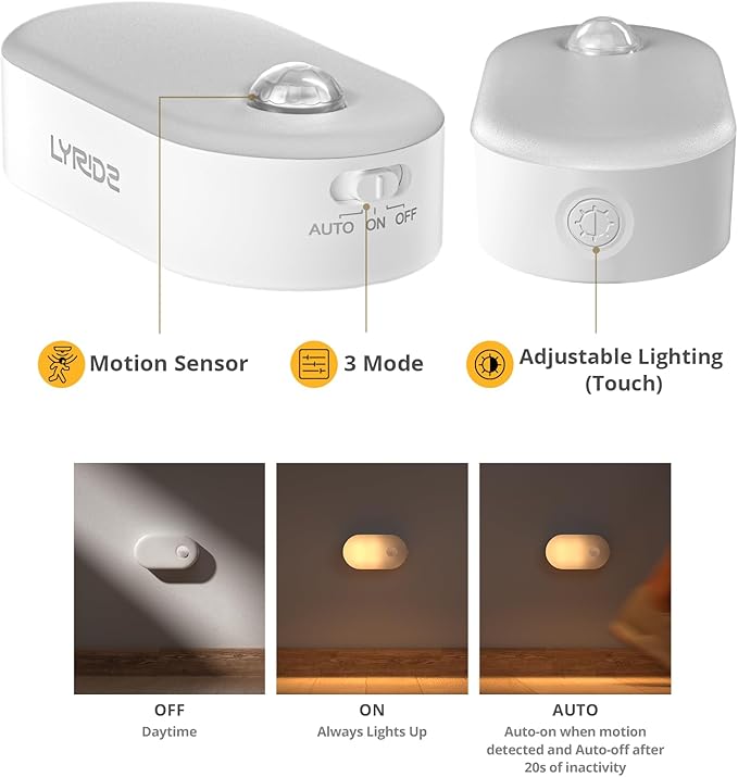Lyridz Rechargeable Battery Night Light with Motion Sensor, Stick on Anywhere, 1-20LM Dimmable LED Nightlights for the Bedroom, Bathroom, Living Room, Kitchen, Stairs, Hallway, 4-Pack