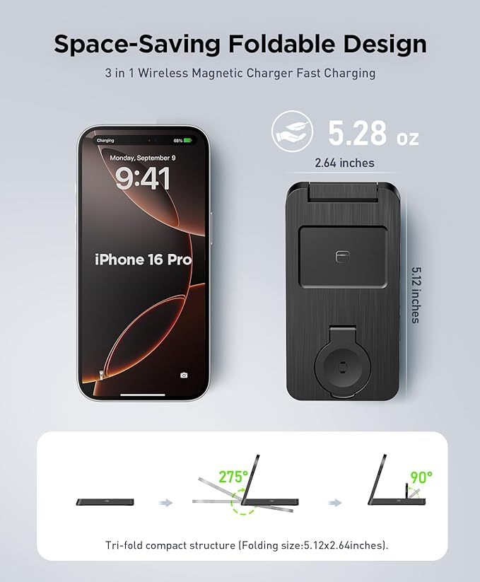 3 in 1 Magnetic Wireless for iPhone Charging Station: Foldable Portable Charger for iPhone 17-12 Pro Max & Apple Watch & AirPods, for Apple Multiple Devices Charger for Home,Office&Travel