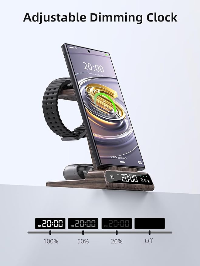 Wireless Charger for Samsung Charging Station: 3 in 1 Android Charging Stand with Dimmable Clock - Nightstand Organizer for Galaxy S25 Ultra, Galaxy Watch 8 7 6 5 4, Galaxy Buds (Not for iWatch)