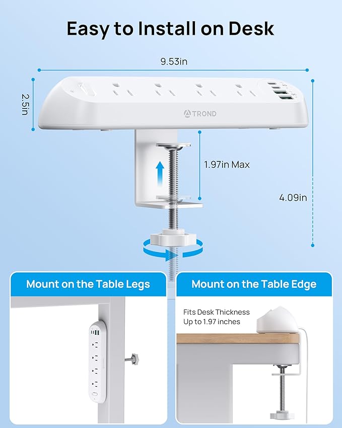 TROND Desk Clamp Power Strip 20W USB C, Flat Plug 10ft Extension Cord, Surge Protector with 4 Outlets 4 USB Ports, 1700J, ETL Listed, Fits 1.97 inch Tabletop Edge, for Home Office Accessories, White