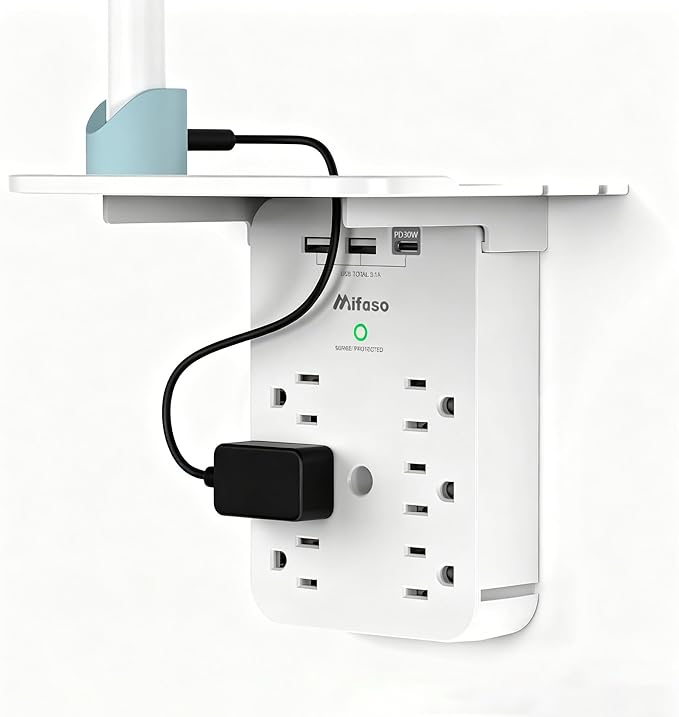 Wall Outlet Extender with Shelf, Surge Protector 6 AC Multi Plug Outlet, PD 30W USB Charger Station Splitter Expander for Home Room
