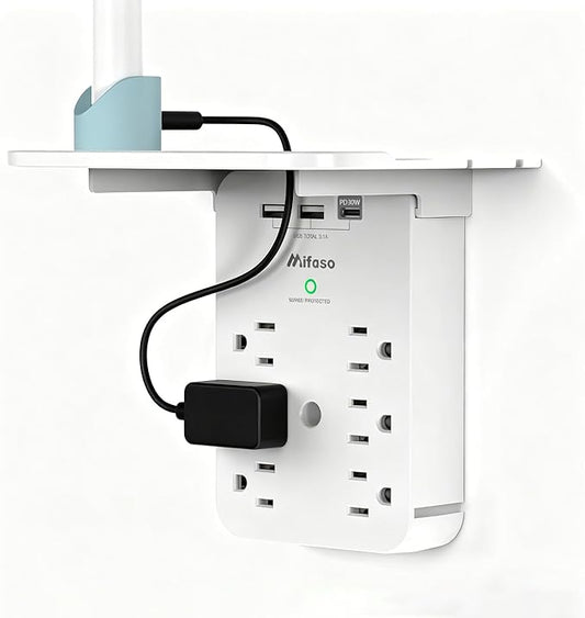 Wall Outlet Extender with Shelf, Surge Protector 6 AC Multi Plug Outlet, PD 30W USB Charger Station Splitter Expander for Home Room