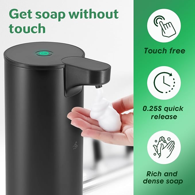 Automatic Hand Soap Dispenser Touchless: Foaming Soap Dispenser Stainless Steel - Free Touch Electric Soap Dispenser Rechargeable with Sensor for Bathroom, Commercial (Black)