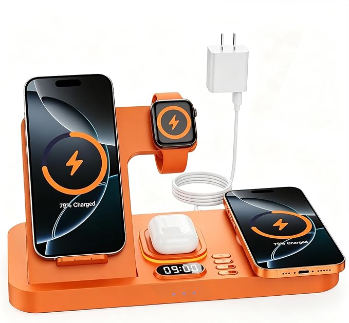 Dual Phone Wireless Charging Station for Apple Devices, Magnetic Charging Station for iPhone with Auto Switch 7-Color Light&Clock,Family Watch Charger for iPhone17 for iWatch11for AirPods Pro3(Orange)