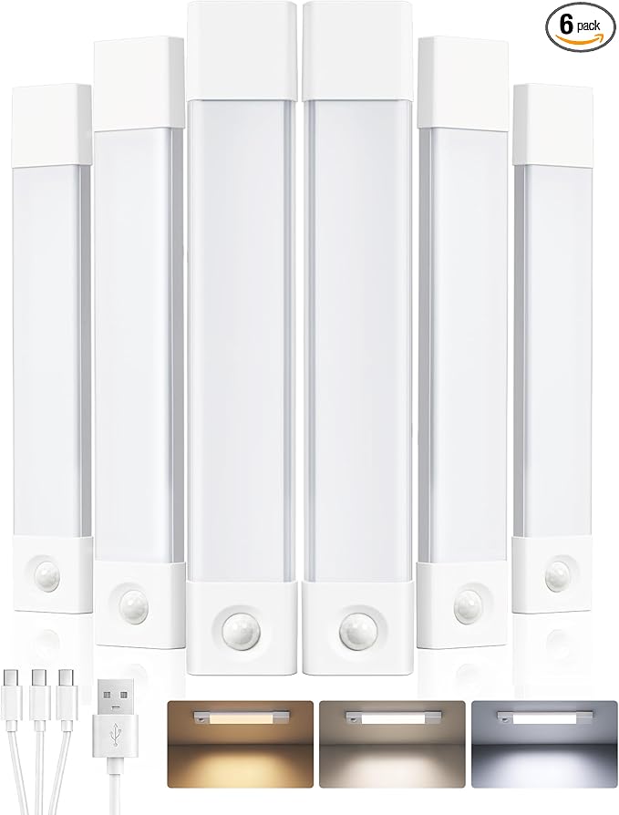 EZVALO 6-Pack Under Cabinet Lighting, Wireless Closet Lights, 50 LED Rechargeable Motion Sensor Light, Dimmable, 3 Color Temperatures, 11.8 inch Counter Lights for Kitchen, Pantry, Bedroom, Wardrobe