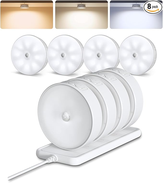 EZVALO 8 Pack Motion Sensor Closet Lights with Charging Station, 1200mAh Rechargeable LED Night Lights, Under Cabinet Lights, Puck Light, Dimmable, 3 Color Temps, Magnetic, Stick-On for Kitchen