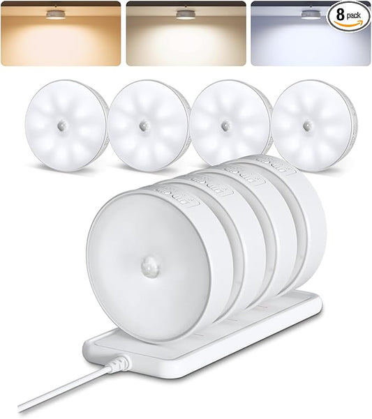 EZVALO 8 Pack Motion Sensor Closet Lights with Charging Station, 1200mAh Rechargeable LED Night Lights, Under Cabinet Lights, Puck Light, Dimmable, 3 Color Temps, Magnetic, Stick-On for Kitchen
