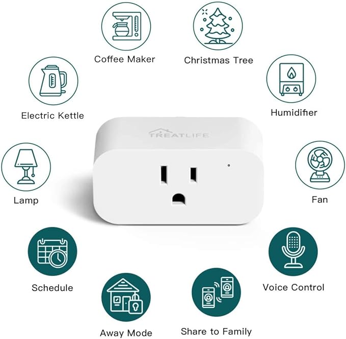 TREATLIFE Smart Plug, 2.4GHz 15 Amp WiFi Smart Outlet with Child Lock and Vacation Mode, Reliable WiFi Connection, Compatible with Alexa and Google Assistant, No Hub Required, Remote Control,1 Pack