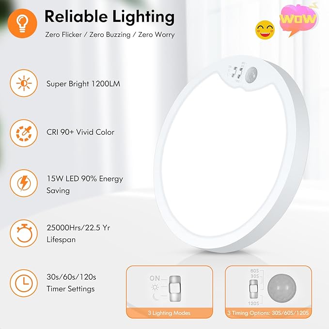 Brightever 4-Pack Motion Sensor Ceiling Light Wired, 7 Inch LED Flush Mount Light Fixture, 2700K/4000K/6500K Selectable, Closet Lights Motion Sensored with Timer for Bathroom, Pantry, Non-Dimmable
