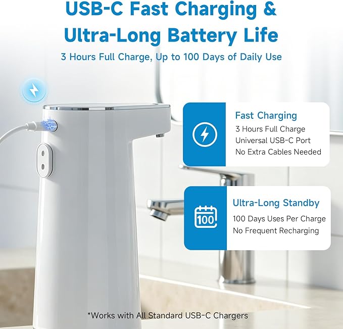2026 Patent Edition Automatic Soap Dispenser Touchless - 300ml Liquid Soap Dispenser with IPX5 Waterproof, 4-Speed Liquid Adjustment, Type-C Charging, for Kitchen, Bathroom, Hand Washing