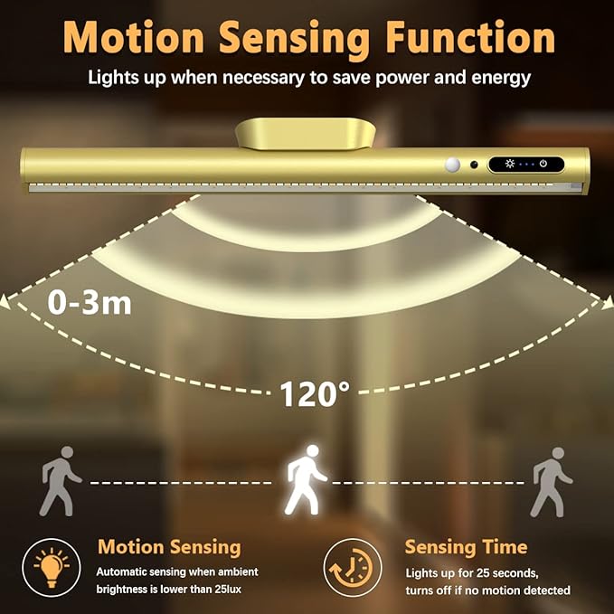 Hapfish Motion Sensor LED Light Bar Indoor, Rechargeable Under Cabinet Lighting Wireless, Magnetic Battery Powered Operated Wall Strip Lights with Remote Control for Picture Mirror Closet Room –Gold