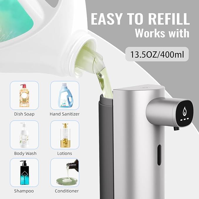 Automatic Liquid Soap Dispenser Touchless, USB Rechargeable Smart Hand Soap Dispenser, 13.5oz/400ml, 3-Level Adjustable, Compatible with Thick Thin Dish Soap for Bathroom Kitchen, Clog-Free (Silver)