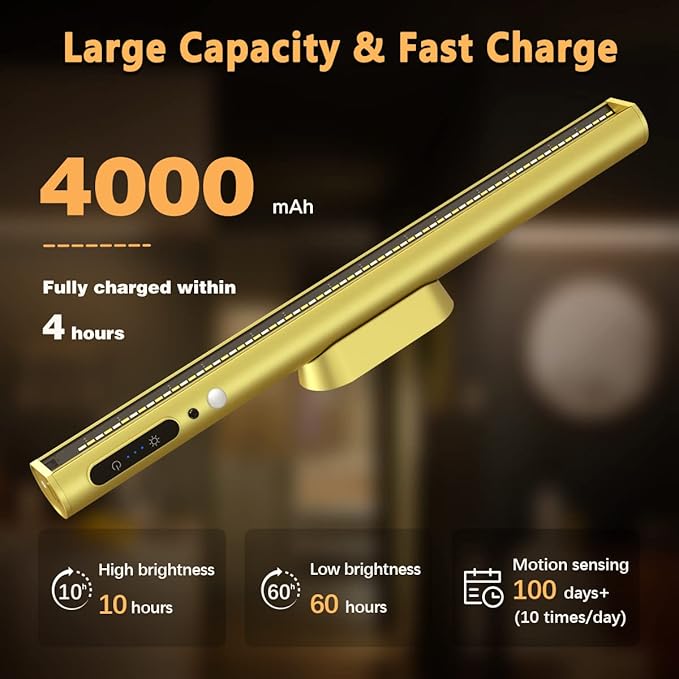 Hapfish Motion Sensor LED Light Bar Indoor, Rechargeable Under Cabinet Lighting Wireless, Magnetic Battery Powered Operated Wall Strip Lights with Remote Control for Picture Mirror Closet Room –Gold