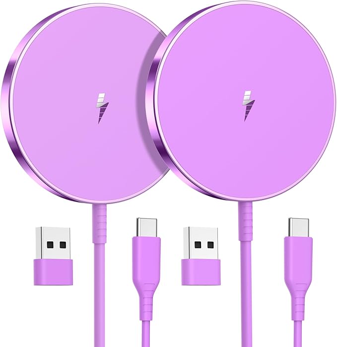 Magnetic Wireless Charger 15W Fast Mag Safe Charger for Cell Phone 16 Pro Max/16 Pro/16 Plus/16/15/14/13/12 Series 2 Pack Charging Pad for AirPods 3/2/Pro 2/Pro Mag-Safe Original Replacement(Purple)