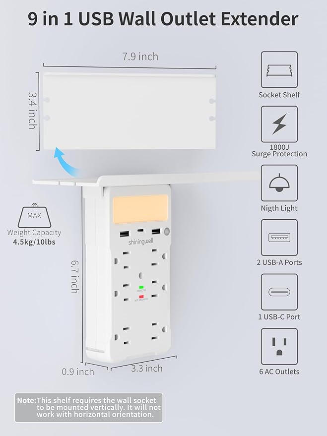 Wall Outlet Extender with Shelf and Night Light, Surge Protector with 3 USB Ports (2A+1C) and 6 AC Outlets, Multi Plug Power Strip Electric Outlet Splitter for Home and Office Use, White