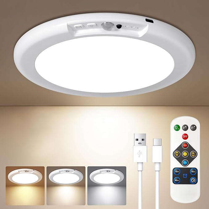 Rechargeable Motion Sensor Ceiling Light, No Wiring Closet Light Battery Operated with Remote Dimmable Timing, Magnetic Motion Activated Shower Light for Closet Shower Bathroom Hallway